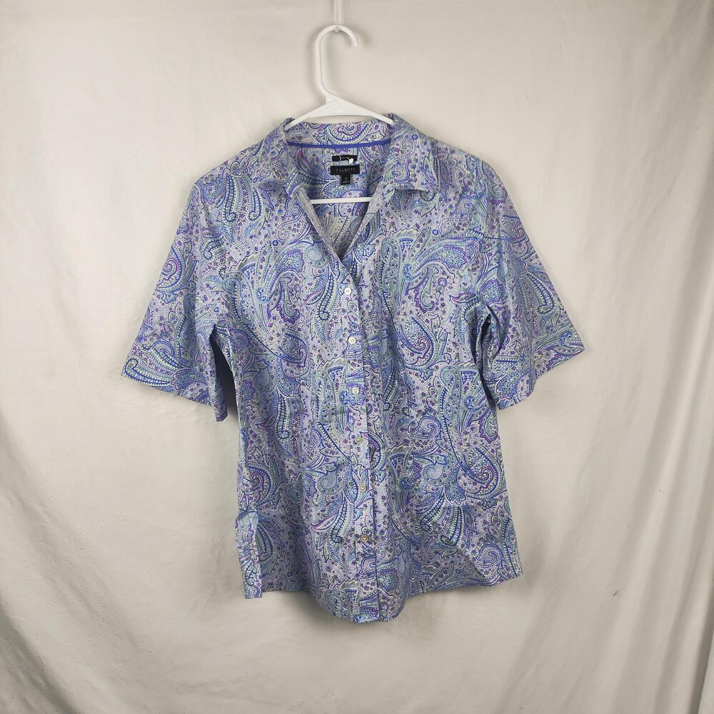Talbots Shirt Womens 10 Blue Paisley Non-Iron Button Front Short Sleeve Collared